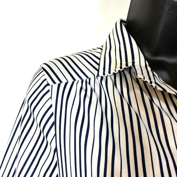 Navy Blue White Striped Shirt Short Sleeve Collared Stretch Vintage 70s 12 - Picture 3 of 8